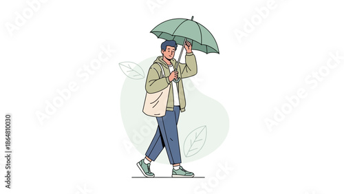 Young man walking outdoors with an umbrella on a rainy day in casual clothing and sneakers