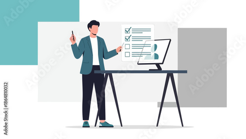 Business professional conducting a virtual meeting through video conferencing technology in an