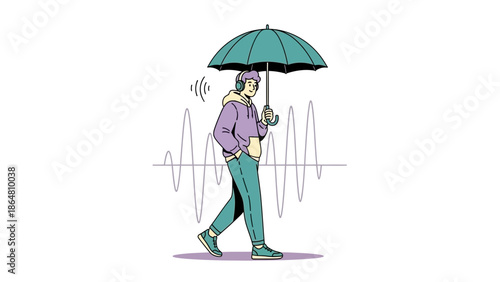 young man with headphones holding umbrella and listening to music walking on city street in rainy