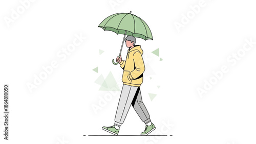 Young Man Walking with Umbrella in Light Rain Wearing Casual Hoodie and Trousers