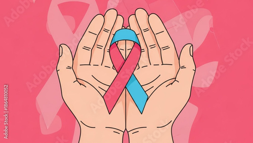 A pair of hands cradling a pink and blue ribbon on a pink background with ribbon outlines with awareness ribbon and support concept with care