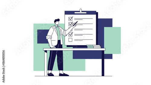 professional man checking off a list on a clipboard in an office environment emphasizing task