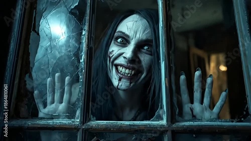 Creepy Female Ghost Staring Through House Window at Night