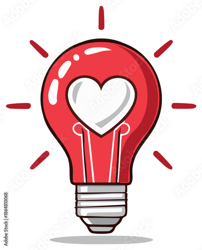 Red heart light bulb glowing with bright ideas and inspiration symbolizing love and creativity