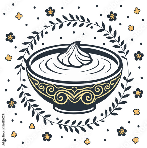 Stylized traditional bowl of creamy food with swirl, adorned with ornate patterns and a beautiful floral frame