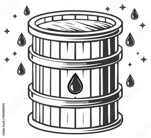 Vintage Wooden Barrel Cask with Liquid Drops and Sparkles Monochrome Illustration