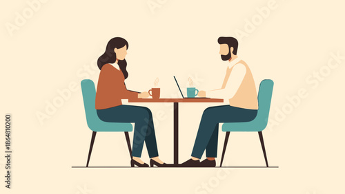 Modern Illustration of a Business Meeting Between a Man and a Woman at a Table with Coffee Cups