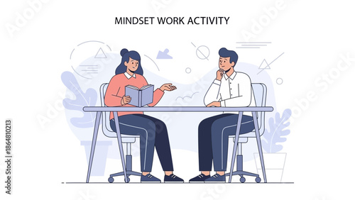 Focused discussion on mindset work activity between two professionals in a modern office setting