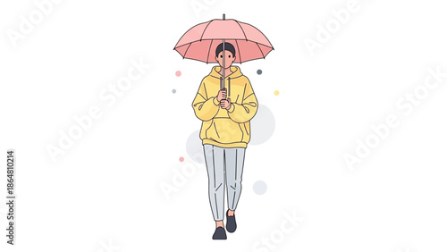Young woman standing outdoors holding a pink umbrella in rainy weather illustration