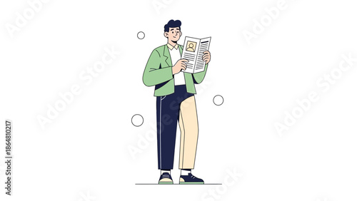 Illustration of a young man reading a newspaper with a casual style and modern outfit