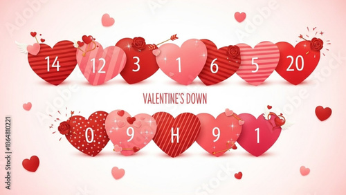 Valentine's day heart countdown calendar template with red and pink hearts on white background with Valentine s Day and love and romance