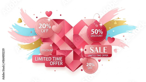 Vibrant pink and red sale and discount labels with colorful brushstrokes on white background for marketing and advertising with banners