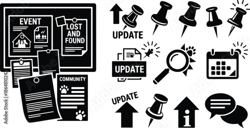 Black and white lost and found icons and symbols set