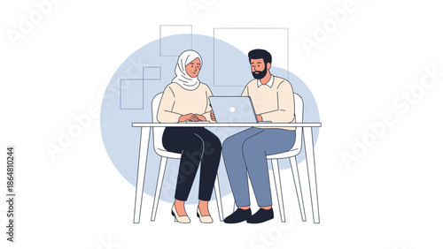 Business Meeting Between Two Colleagues Working on a Laptop in a Professional Office Setting