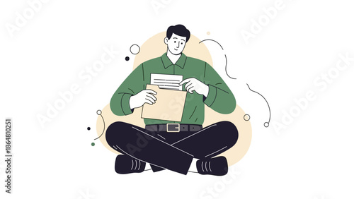 Young man sitting cross-legged and reading a book with a calm expression