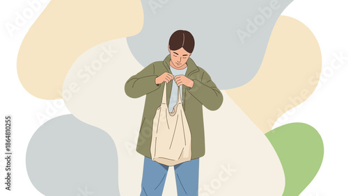 Illustration of a woman opening a bag with abstract colored shapes in the background