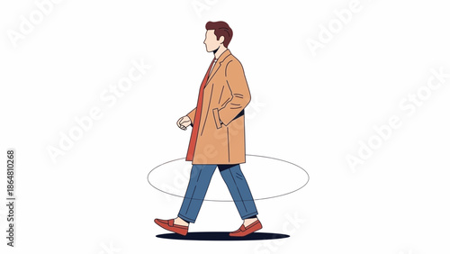 Stylish man walking with hands in pockets wearing a beige coat and jeans in a minimalistic