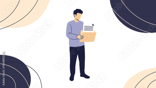 Young man reading and organizing documents in modern digital workspace with abstract background