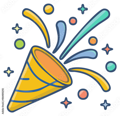 Colorful illustrated party popper with stars and confetti elements. Cartoon holiday design.