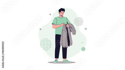 Young man preparing for the day by packing his backpack with clothes for travel or school activities