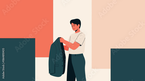 Young man preparing for work by putting on a blazer in a modern indoor setting