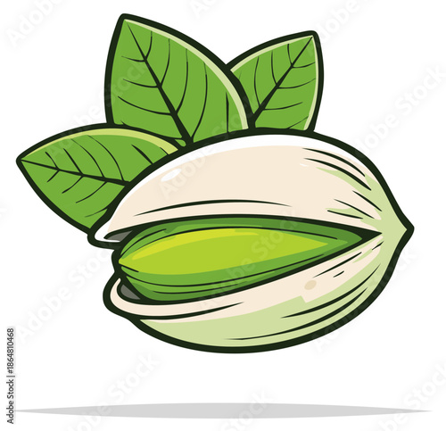 Cartoon illustration of a pistachio nut with green leaves, open showing the green kernel, and outline