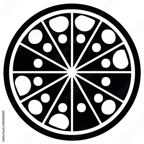 Minimalist black and white pizza icon of a whole pie cut into slices with toppings illustration