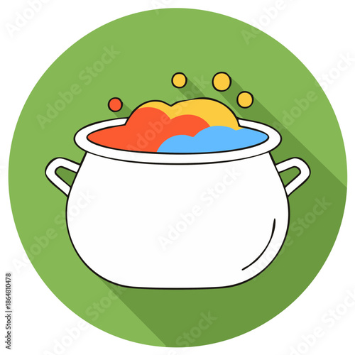 Colorful Bubbling Potion in White Cauldron Icon Vector Illustration, Magic Brew in Cooking Pot with Cartoon Style