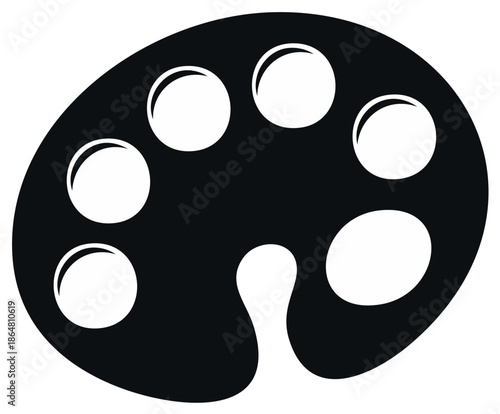 Black and white artist's palette with six round paint wells, art concept