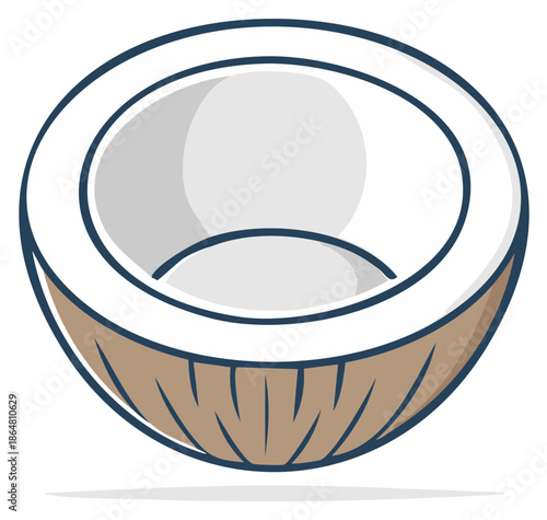 Cartoon half coconut illustration with white pulp and brown shell texture