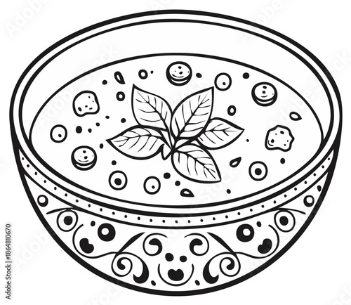 Stylized line art illustration of a bowl of soup with basil and decorative swirling patterns on the bowl