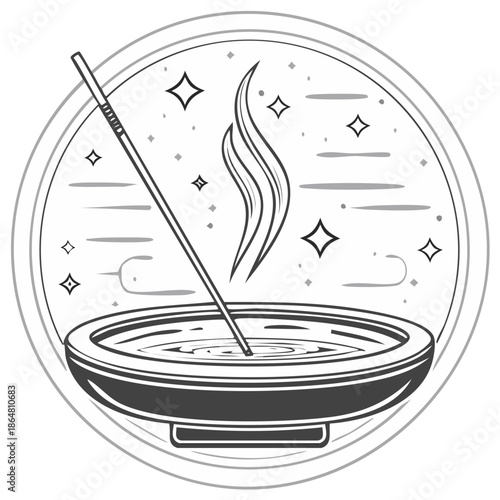Mystical Incense Stick Burning in Bowl with Rising Smoke and Sparkling Stars Emblem