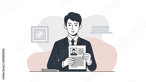 Professional young man holding resume with indoor office background and organized workspace