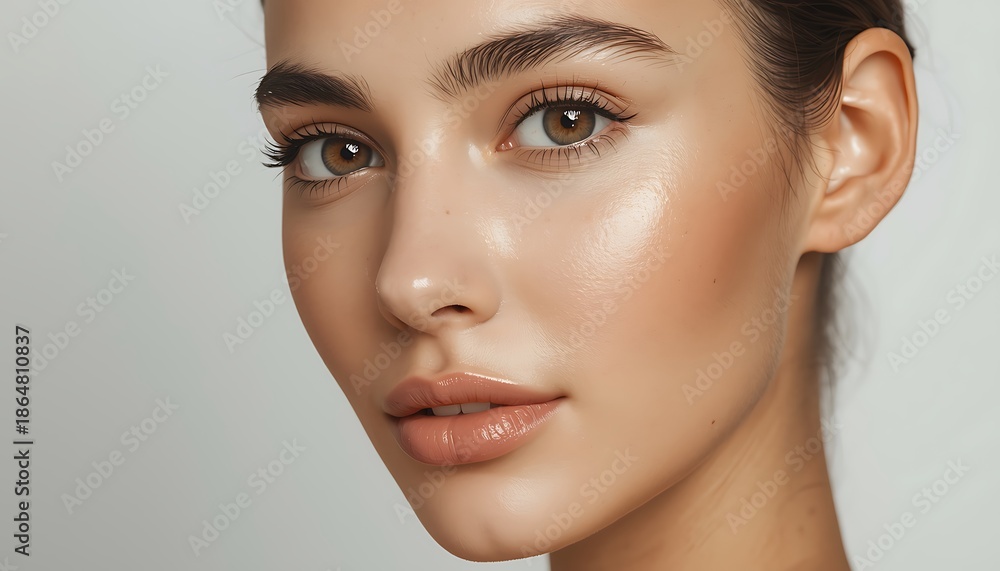 Naklejka premium Show thinkingClose-up of a beautiful brunette woman with fresh clean skin and natural makeup for a beauty skincare and fashion glamour studio portrait