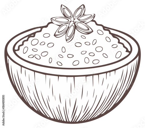 Traditional dessert rice pudding in a coconut bowl with star anise line art illustration