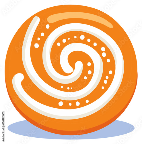 Cartoon candy with swirl pattern. Orange and white lollipop with stylized swirl lines and dots in circular shape.