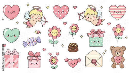 Kawaii valentine's day stickers with cute cartoon characters and sweet treats on white background for valentine's day celebration with hearts