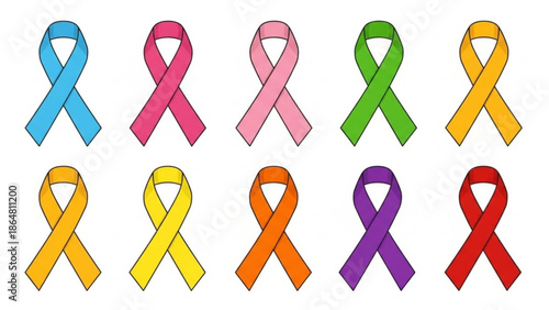Colorful awareness ribbons in various hues on white background for support and causes with colorful ribbons and support ribbons with multicolor
