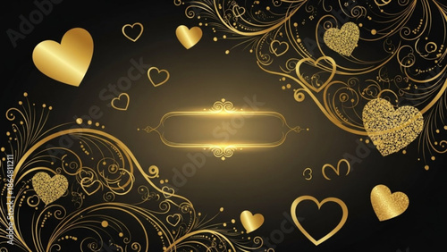 Golden hearts and swirling patterns on a dark background with a central glowing rectangle for text or design elements in a luxurious with love
