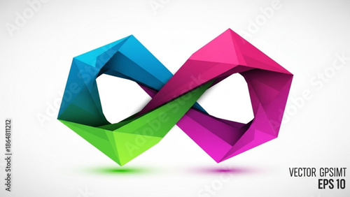 A colorful 3d geometric shape design with interlocking polygons in blue green and pink hues on a white background for creative projects with art