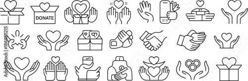 Charity icons, heart in hands, donation line icons, volunteer symbols, nonprofit care, kindness vector set, support illustrations, love