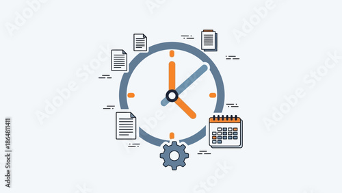 Clock with documents and calendar representing time management.
