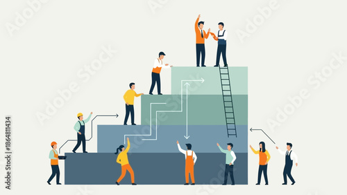 People build a staircase symbolizing progress and teamwork.