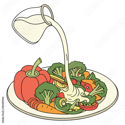 Fresh Vegetables Being Dressed with Creamy Sauce.