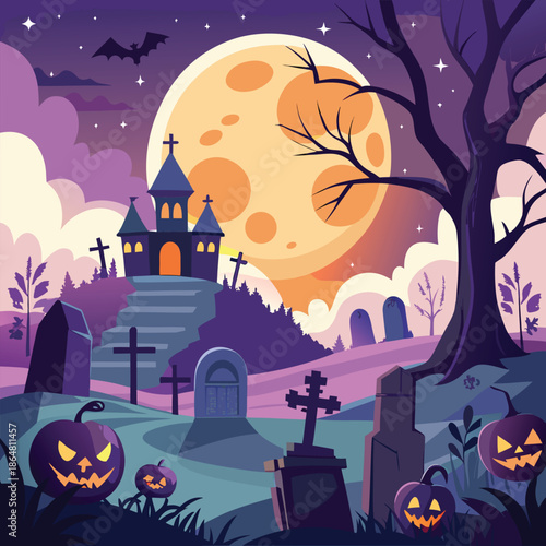 Spooky Halloween graveyard with carved pumpkins and haunted castle.