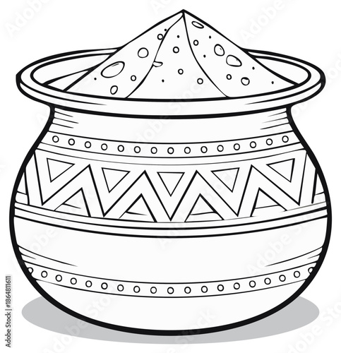 Line art illustration of an Indian pot with gulal color powder for the Holi festival celebration