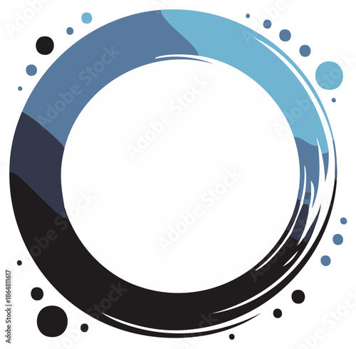 Dynamic circular frame with blue and black abstract brush strokes and dots