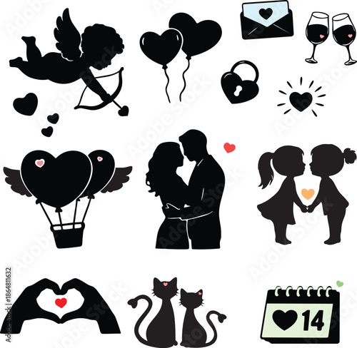Valentine love silhouette icons collection