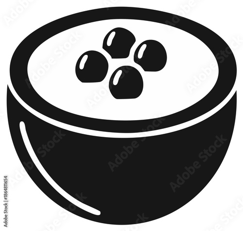 Black and white icon of a bowl containing a meal with four round toppings