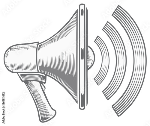 Megaphone illustration with sound waves conveys communication and announcement in an etched design aesthetic